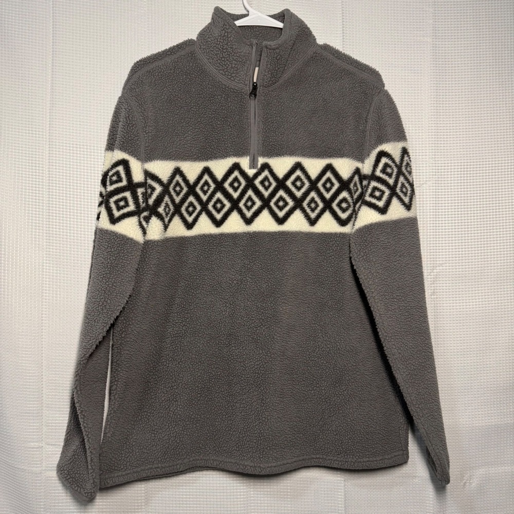 Mutual Weave Gray Fleece 1/4 Zip Pullover Sweater Geometric Pattern Mens Size M